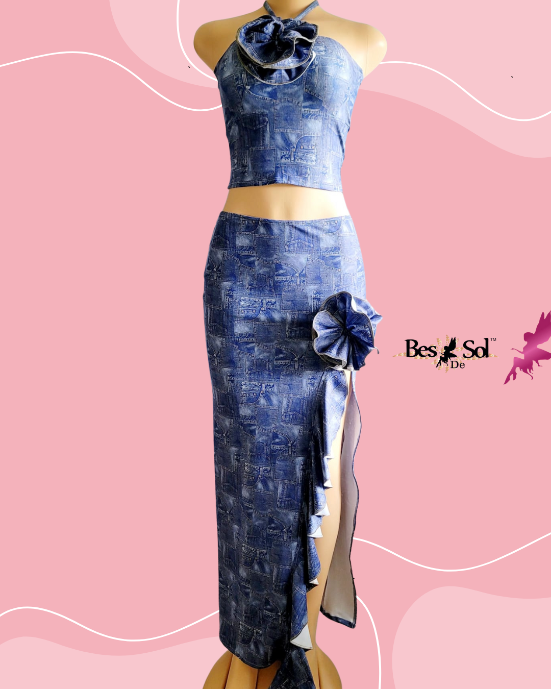 SET LONG SKIRT & TOP TIE (REMOVABLE FLOWERS)