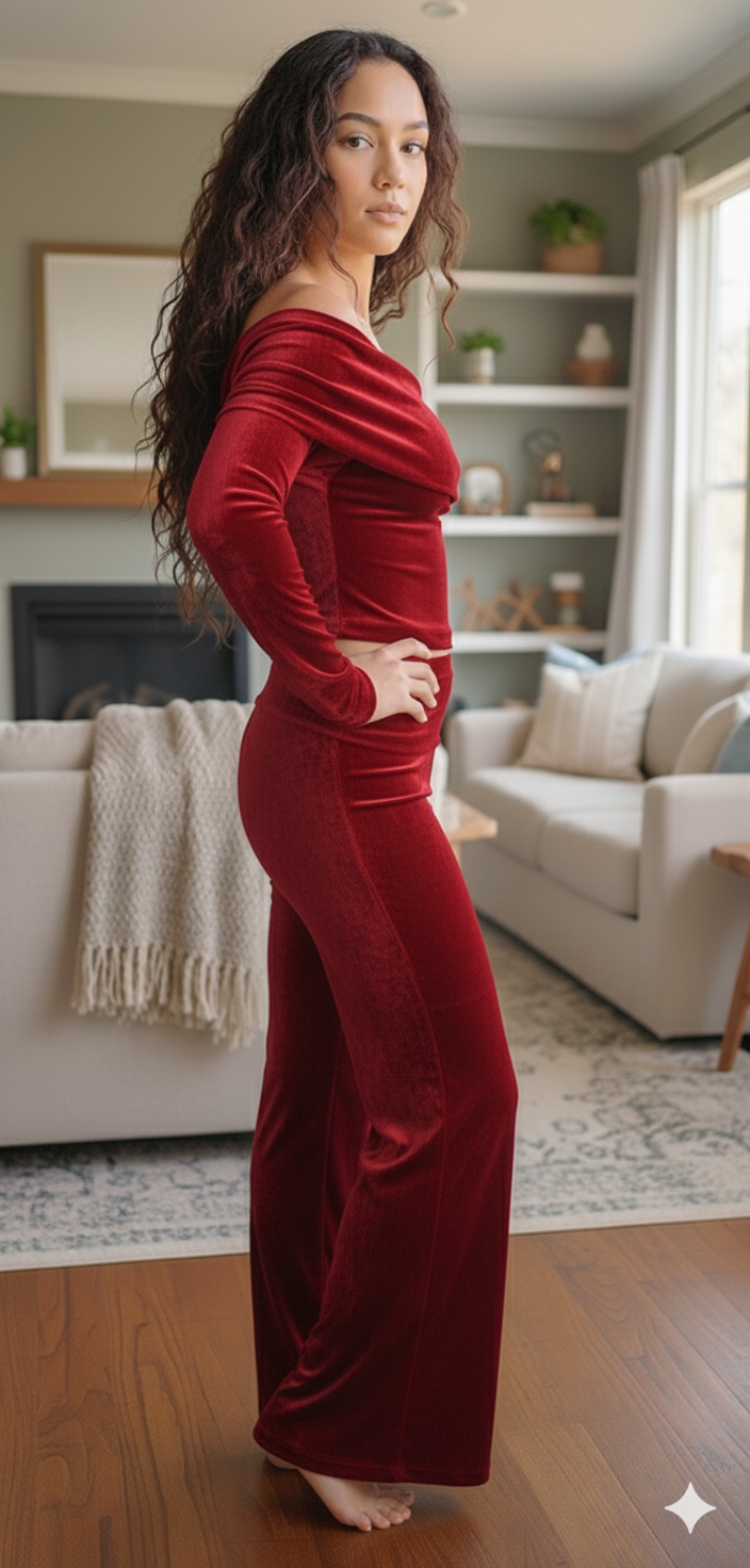 SET SERENA Velvet Off-Shoulder foldover Lounge Set – Chic Elegance in Every Color, high, medium, lower all in 1