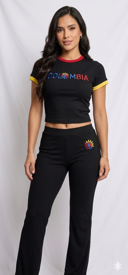 Colombia 2026 World Cup Inspired Set Fitted crop top t-shirt &full-length pants